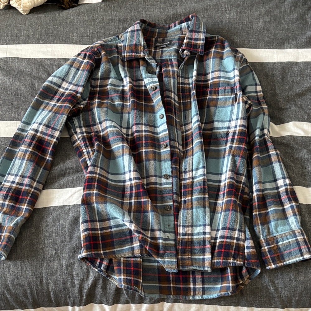 Eddie Bauer Blue and Brown Plaid Casual Button Down Shirt